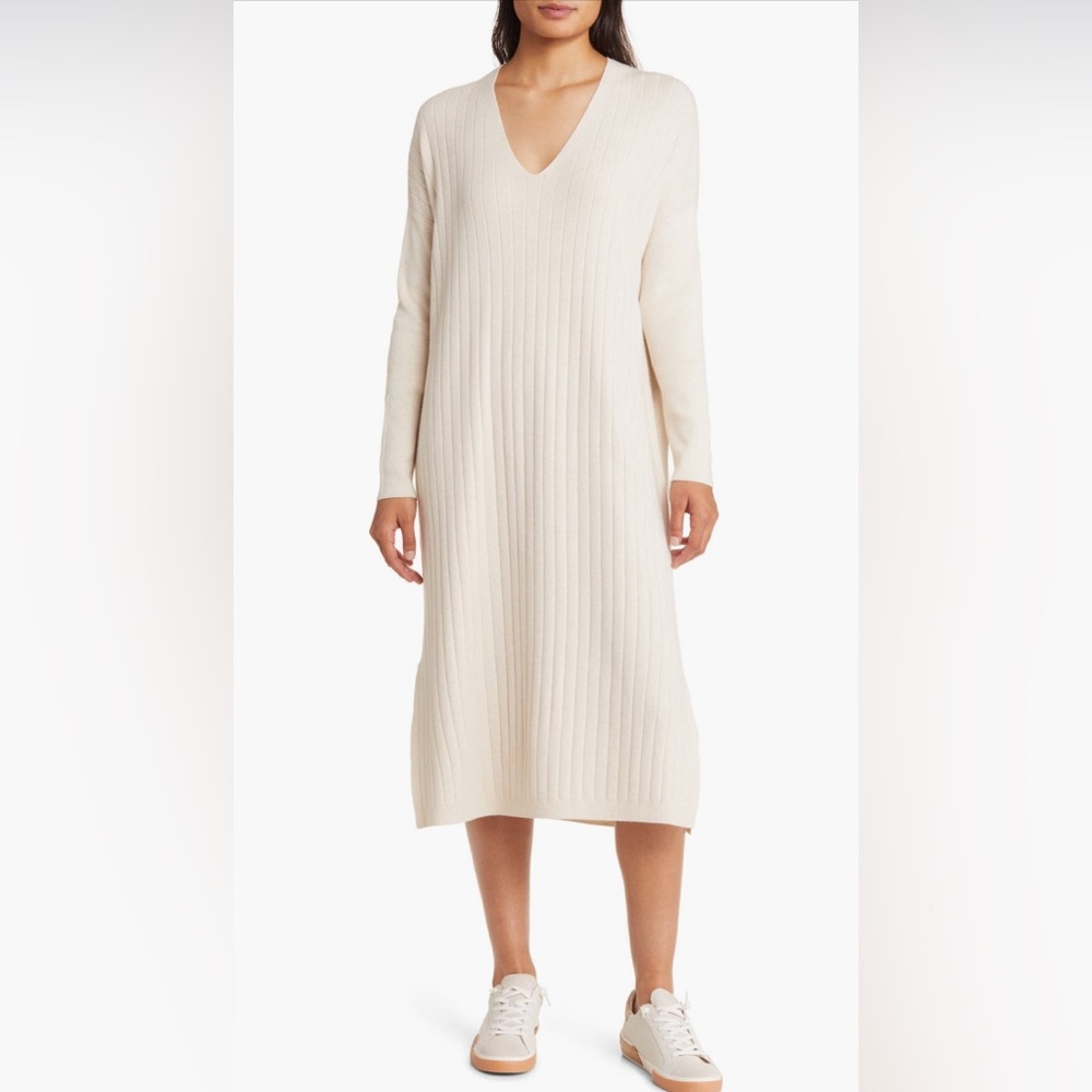 Caslon Ribbed V-Neck Sweater Dress Cream L/XL